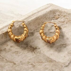 Stylish Textured Gold Heart Hoop Earrings